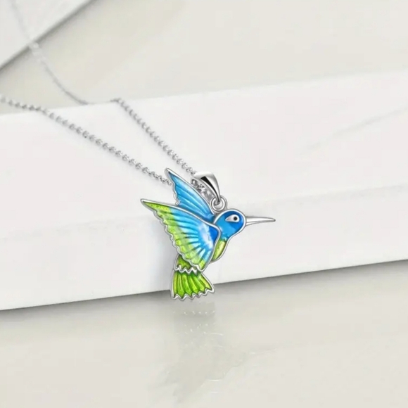 Blue and Green Hummingbird Necklace - Picture 5 of 5